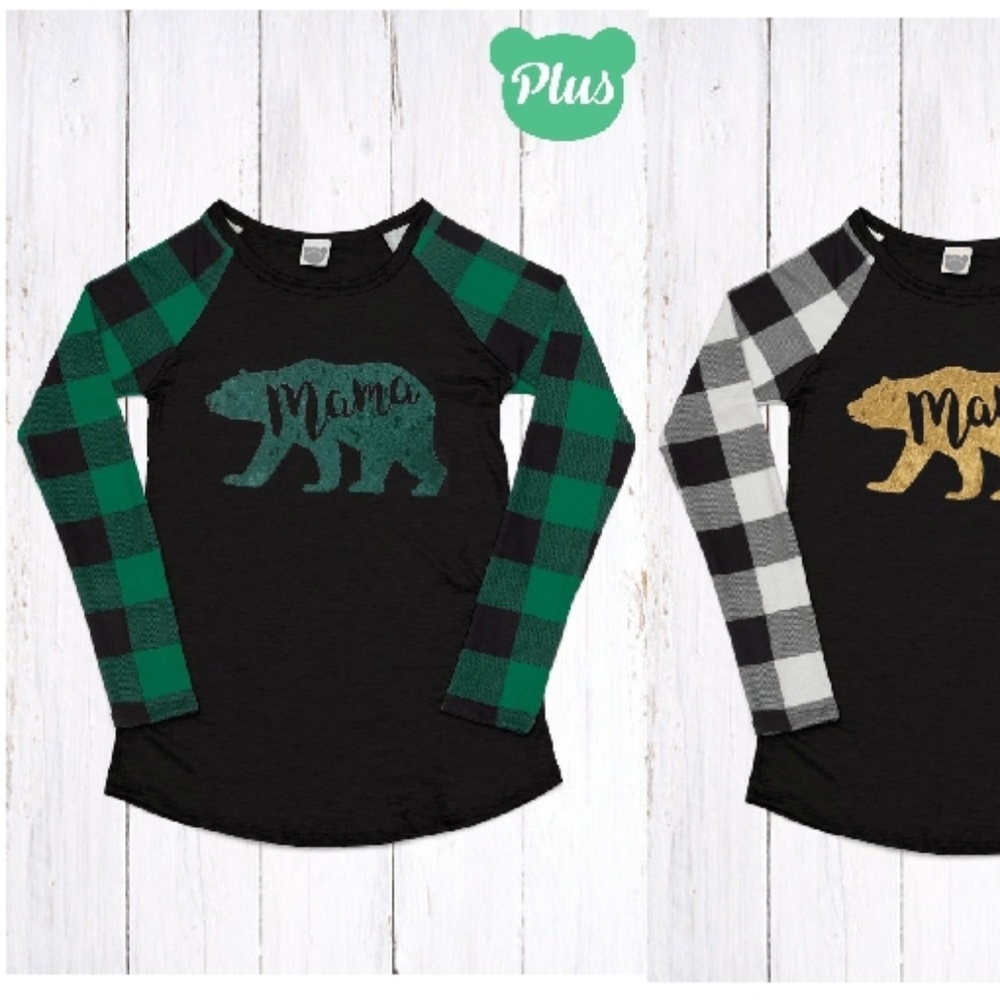 PLUS GREEN BLACK PLAID VELVET MAMA BEAR MOM SHIRT - Picture 1 of 2